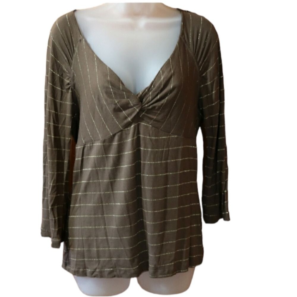 Cha Cha Vente Brown Metallic Gold Striped Y2K 3/4 Vneck Sleeve Top LG